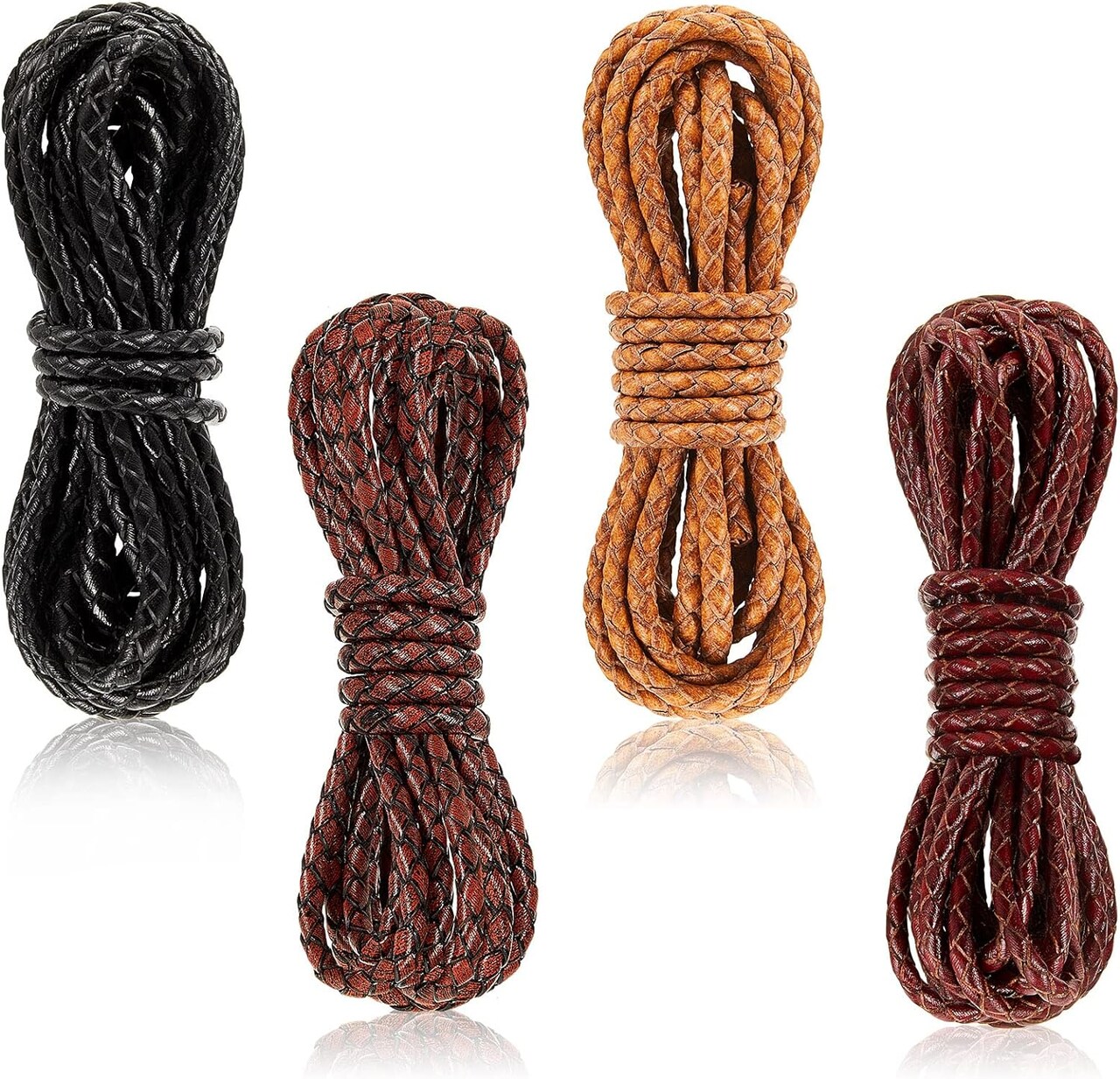 8yd Braided Leather Cord Antique Genuine Leather Strap Folded Bolo Tie Cord Rope Lace for Necklace Bracelet Pendent Jewelry Making Beading Braiding (Black, Brown,tan, Reddish Brown,4 mm)